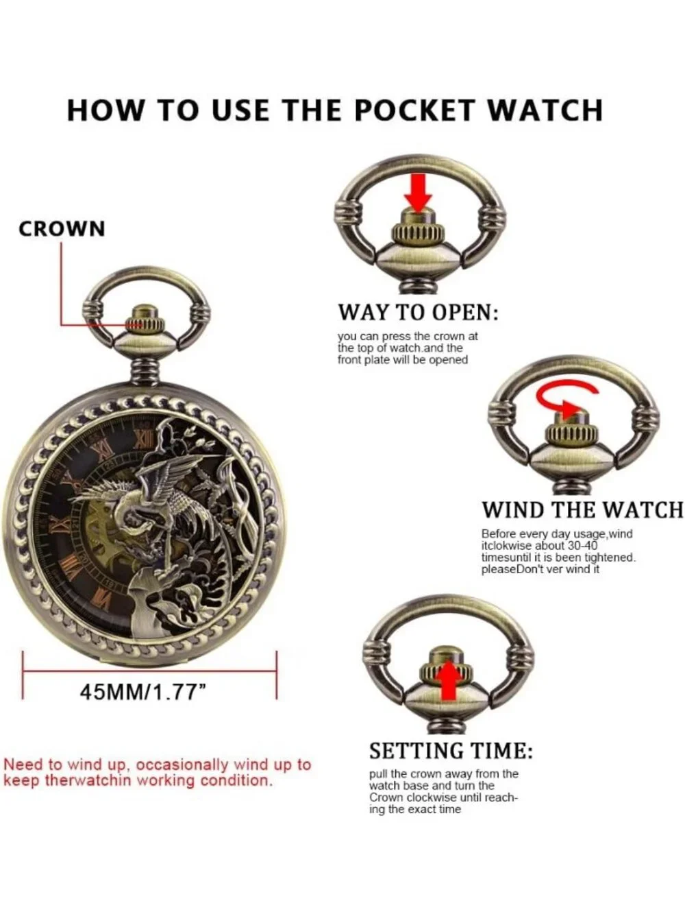 Men's Gold Bronze Skeleton Roman Numerals Hollow Mechanical Round Pocket Watch